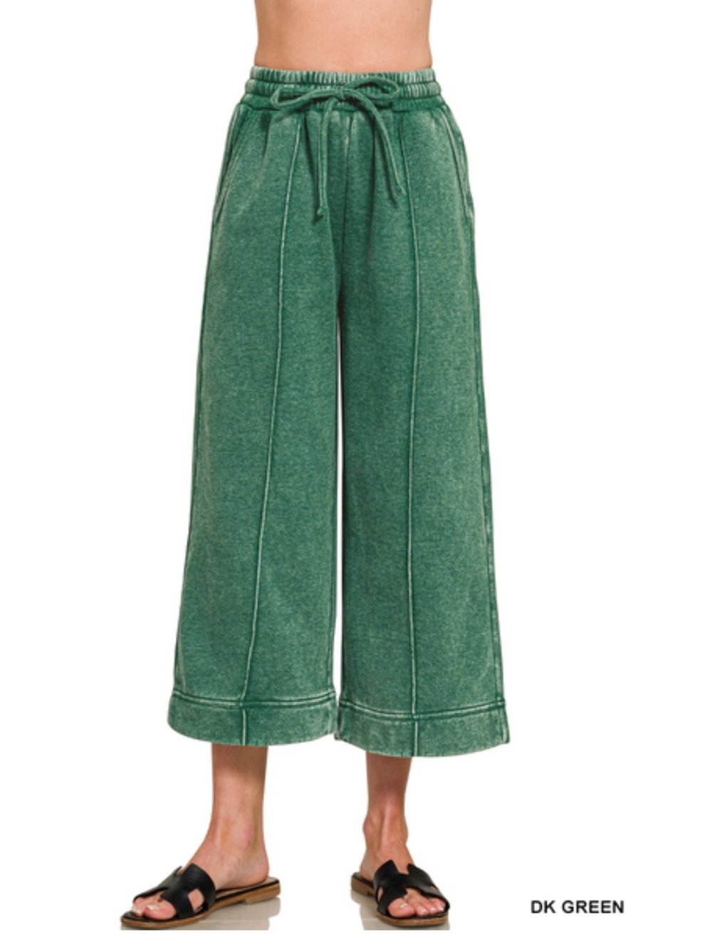 354 Zenana dk green ACID WASHED FLEECE PINTUCK WIDE LEG CROPPED
PANT